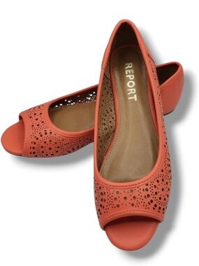Report Women’s Coral Faux Leather Punched Peep Toe Flats Detailed Cutout Design